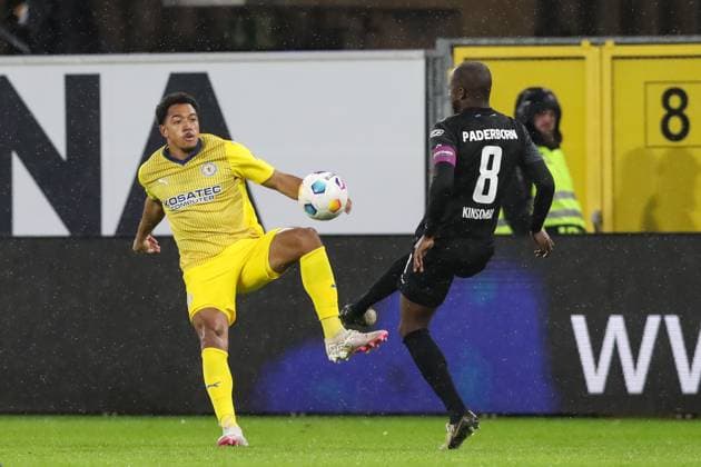 Anton Donkor Eintracht Braunschweig,19 vs David Kinsombi SC Paderborn,8 2 Soccer Bundesliga Season 2023 2024 SC Paderborn vs Eintracht Braunschweig at the Home Deluxe Arena in Paderborn Action,Soccer,Man,Men,Germany,15 03 2024
