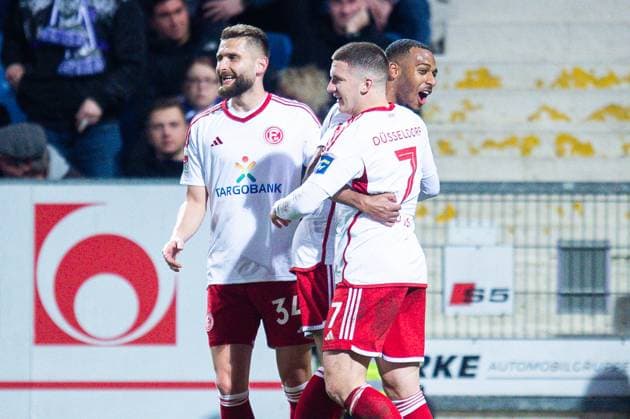 15 03 2024 Soccer, 2023 2024, 2 Bundesliga, Matchday 26, VfL Osnabrück Fortuna Düsseldorf M Christos Tzolis Düsseldorf celebrates after his goal to 0 1 with L Nicolas Gavory Düsseldorf , R Marlon Mustapha Düsseldorf DFL REGULATIONS PROHIBIT ANY USE OF PHOTOGRAPHS AS IMAGE SEQUENCES AND OR QUASI VIDEO