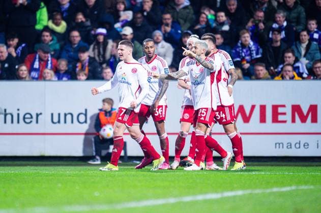 15 03 2024 Soccer, 2023 2024, 2 Bundesliga, Matchday 26, VfL Osnabrück Fortuna Düsseldorf L Christos Tzolis Düsseldorf celebrates after his goal to 0 1 with Marlon Mustapha Düsseldorf , Matthias Zimmermann Düsseldorf DFL REGULATIONS PROHIBIT ANY USE OF PHOTOGRAPHS AS IMAGE SEQUENCES AND OR QUASI VIDEO