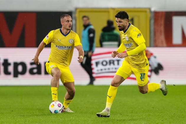 Marvin Rittmüller Eintracht Braunschweig,18 and Fabio Kaufmann Eintracht Braunschweig,37 2 Soccer Bundesliga Season 2023 2024 SC Paderborn vs Eintracht Braunschweig at the Home Deluxe Arena in Paderborn Action,Soccer,Man,Men,Germany,15 03 2024