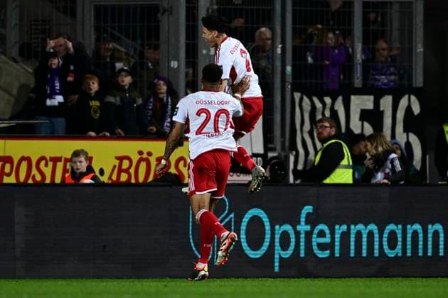 Goal celebration for 0 2 by Takashi Uchino Fortuna Düsseldorf Duesseldorf, 41 , VfL Osnabrueck vs Fortuna Duesseldorf, Fußball, 2 Bundesliga, 26 Spieltag, 15 03 2024 DFB regulations prohibit any use of photographs as image sequences and or quasi video Osnabrueck Niedersachsen Germany Copyright: xkolbert-press MarcxNiemeyerx