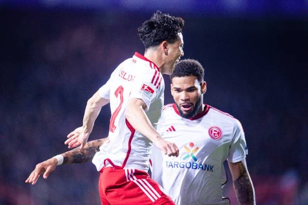 15 03 2024 Football, 2023 2024, 2 Bundesliga, Matchday 26, VfL Osnabrück Fortuna Düsseldorf L R Takashi Uchino Düsseldorf celebrates after his goal to 0 2 with Jamil Siebert Düsseldorf DFL REGULATIONS PROHIBIT ANY USE OF PHOTOGRAPHS AS IMAGE SEQUENCES AND OR QUASI VIDEO
