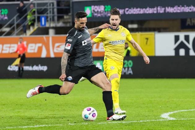 Goalscorer Adriano Grimaldi SC Paderborn,39 scores for 1 1 2 Soccer Bundesliga Season 2023 2024 SC Paderborn vs Eintracht Braunschweig at the Home Deluxe Arena in Paderborn Action,Soccer,Man,Men,Germany,15 03 2024