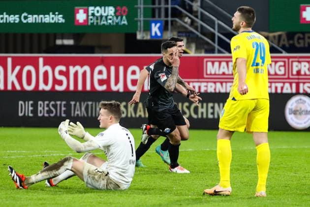Goalscorer Adriano Grimaldi SC Paderborn,39 scores for 1 1 2 Soccer Bundesliga Season 2023 2024 SC Paderborn vs Eintracht Braunschweig at the Home Deluxe Arena in Paderborn Action,Soccer,Man,Men,Germany,15 03 2024