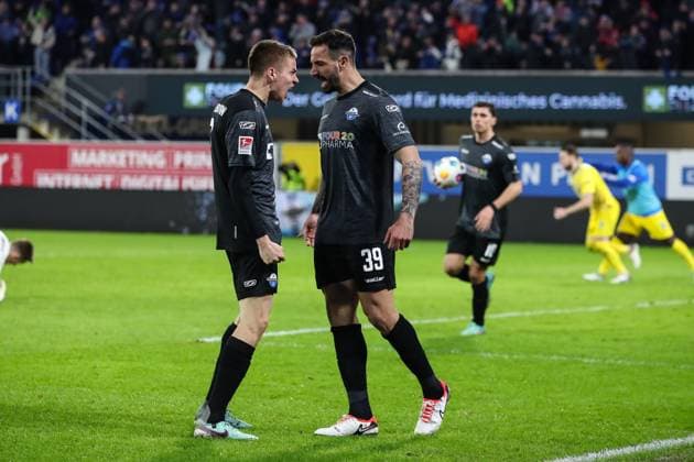 Goalscorer Adriano Grimaldi SC Paderborn,39 scores to 1 1 with Filip Bilbija SC Paderborn,7 2 Soccer Bundesliga Season 2023 2024 SC Paderborn vs Eintracht Braunschweig at the Home Deluxe Arena in Paderborn Action,Soccer,Man,Men,Germany,15 03 2024