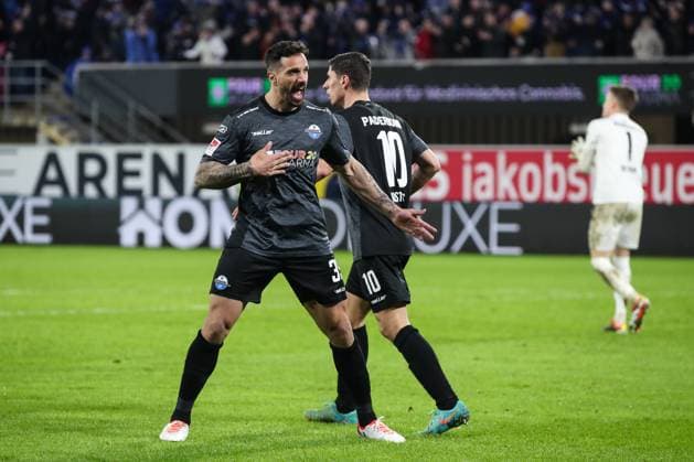 Goalscorer Adriano Grimaldi SC Paderborn,39 scores for 1 1 2 Soccer Bundesliga Season 2023 2024 SC Paderborn vs Eintracht Braunschweig at the Home Deluxe Arena in Paderborn Action,Soccer,Man,Men,Germany,15 03 2024