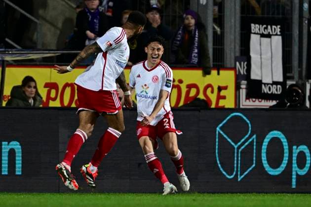 Goal celebration for 0 2 by Takashi Uchino Fortuna Düsseldorf Duesseldorf, 41 , VfL Osnabrueck vs Fortuna Duesseldorf, Fußball, 2 Bundesliga, 26 Spieltag, 15 03 2024 DFB regulations prohibit any use of photographs as image sequences and or quasi video Osnabrueck Niedersachsen Germany Copyright: xkolbert-press MarcxNiemeyerx