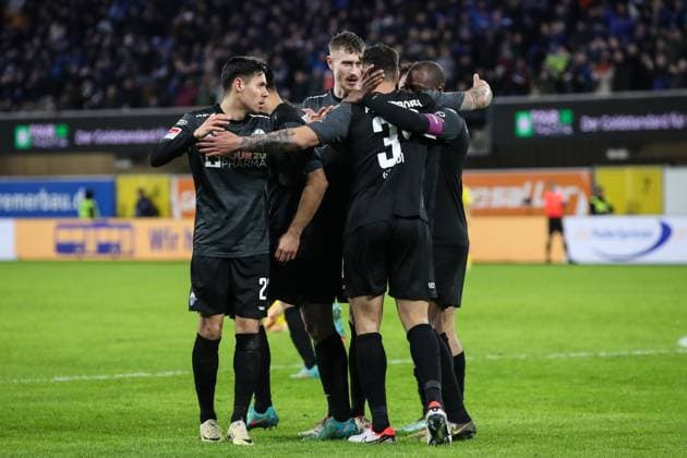 Goalscorer Adriano Grimaldi SC Paderborn,39 scores for 1 1 2 Soccer Bundesliga Season 2023 2024 SC Paderborn vs Eintracht Braunschweig at the Home Deluxe Arena in Paderborn Action,Soccer,Man,Men,Germany,15 03 2024