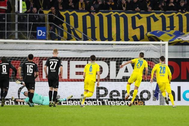 Scorer Hasan Kurucay Eintracht Braunschweig,29 scores from the penalty spot to make it 0 1 2 Soccer Bundesliga Season 2023 2024 SC Paderborn vs Eintracht Braunschweig at the Home Deluxe Arena in Paderborn Action,Soccer,Man,Men,Germany,15 03 2024