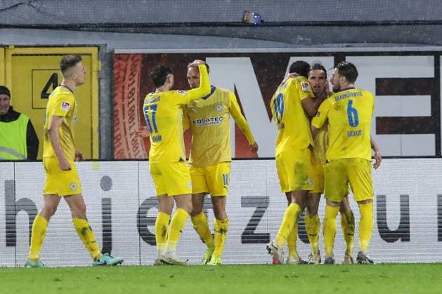 Goalscorer Rayan Philippe Eintracht Braunschweig,9 scores to 1 2 2 Soccer Bundesliga Season 2023 2024 SC Paderborn vs Eintracht Braunschweig at the Home Deluxe Arena in Paderborn Action,Soccer,Man,Men,Germany,15 03 2024
