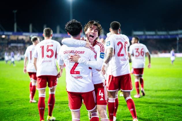 15 03 2024 Soccer, 2023 2024, 2 Bundesliga, Matchday 26, VfL Osnabrück Fortuna Düsseldorf L R Takashi Uchino Düsseldorf celebrates after his goal to 0 2 with Ao Tanaka Düsseldorf DFL REGULATIONS PROHIBIT ANY USE OF PHOTOGRAPHS AS IMAGE SEQUENCES AND OR QUASI VIDEO