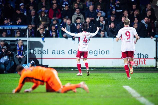 15 03 2024 Soccer, 2023 2024, 2 Bundesliga, Matchday 26, VfL Osnabrück Fortuna Düsseldorf M Ao Tanaka Düsseldorf celebrates after his goal to 0 4 with Vincent Vermeij Düsseldorf , L Philipp Kühn Osnabrück DFL REGULATIONS PROHIBIT ANY USE OF PHOTOGRAPHS AS IMAGE SEQUENCES AND OR QUASI VIDEO