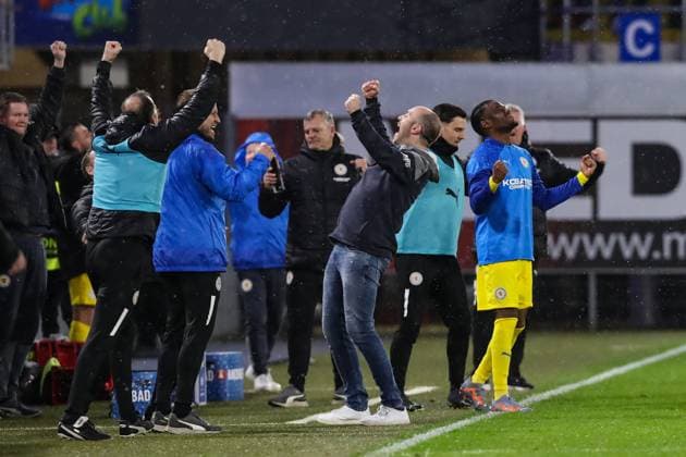Coach Daniel Scherning Eintracht Braunschweig celebrates victory at the end of the match 2 Soccer Bundesliga Season 2023 2024 SC Paderborn vs Eintracht Braunschweig at the Home Deluxe Arena in Paderborn Soccer,Man,Men,Germany,15 03 2024