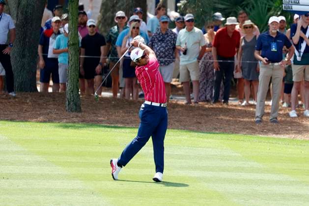 PONTE VEDRA BEACH, FL - MARCH 15: PGA, Golf Herren golfer Hideki Matsuyama hits a shot out of the fairway on the 9th hole during The Players Championship on March 15, 2024, at TPC Sawgrass in Ponte Vedra Beach, Florida. (Photo by Brian Spurlock Icon Sportswire) GOLF: MAR 15 PGA THE PLAYERS Championship EDITORIAL USE ONLY Icon24031515
