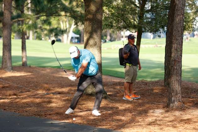 PONTE VEDRA BEACH, FL - MARCH 15: PGA, Golf Herren golfer Ryan Fox plays a shot from the pine straw on the 11th hole during The Players Championship on March 15, 2024, at TPC Sawgrass in Ponte Vedra Beach, Florida. (Photo by Brian Spurlock Icon Sportswire) GOLF: MAR 15 PGA THE PLAYERS Championship EDITORIAL USE ONLY Icon24031558