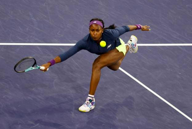 March 15, 2024 Coco Gauff returns a shot against Maria Sakkari of Greece in their Semifinal match during the BNP Paribas Open in Indian Wells, CA. CSM Indian Wells United States of America - ZUMAc04_ 20240315_zma_c04_252 Copyright: xCharlesxBausx