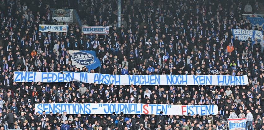 16 03 2024 Soccer Season 2023 2024 2 Soccer Bundesliga 26 Matchday FC Hansa Rostock FCH SpVgg Greuther Fürth Kleeblatt Sportfoto Zink MeZi xmexzix DFL regulations prohibit any use of photographs as image sequences and or quasi video only for editorial use Banner Banner of Hansa Fans Fanblock