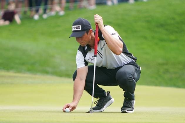 March 16, 2024, Ponte Vedra Beach, Florida, United States: VIKTOR HOVLAND (NOR) lines up a putt on the 9th green during the third round at the 2024 PLAYERS Championship at TPC Sawgrass. Ponte Vedra Beach United States - ZUMAw109 20240316_fap_w109_003 Copyright: xDebbyxWongx