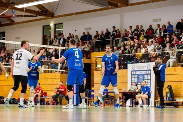 16 03 2024, GER, 2 BL Maenner Sued, Volleyball,Saison 2023 2024, Blue Volleys Gotha TUS Kriftel Volleyball Stueckrad, Max Blue Volleys Gotha Werner, Robert Blue Volleys Gotha Erik Niederluecke Blue Volleys Gotha 99867 Gotha Gotha Ernestiner Sporthalle Sp Thüringen Germany