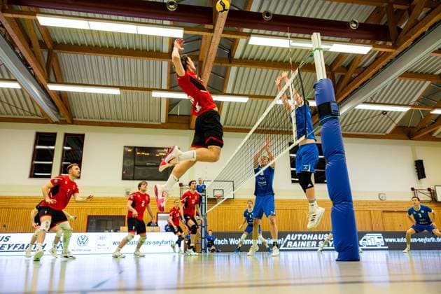 16 03 2024, GER, 2 BL Maenner Sued, Volleyball,Saison 2023 2024, Blue Volleys Gotha TUS Kriftel Volleyball Marius Buechi TUS Kriftel Volleyball Harrison Paul McBean Blue Volleys Gotha Werner, Robert Blue Volleys Gotha 99867 Gotha Gotha Ernestiner Sporthalle Sp Thüringen Germany