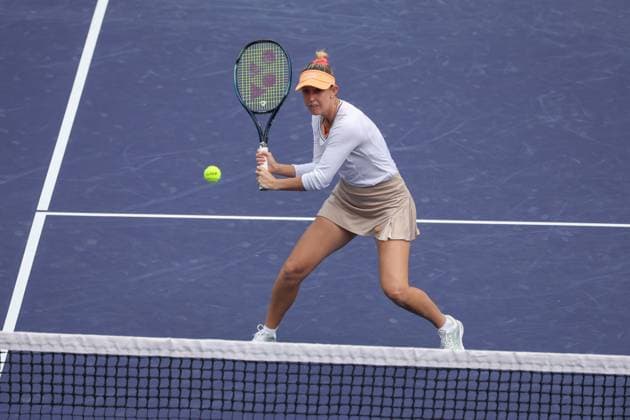 INDIAN WELLS, CA - MARCH 16: Storm Hunter (AUS) hits a volley during the WomenÕs Doubles Final at the BNP Paribas Open on March 16, 2024 at Indian Wells Tennis Garden in Indian Wells, CA. (Photo by George Walker Icon Sportswire) TENNIS: MAR 16 BNP Paribas Open EDITORIAL USE ONLY Icon240316002