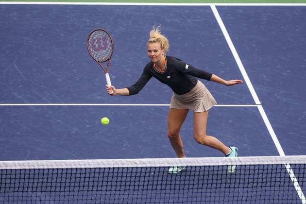 INDIAN WELLS, CA - MARCH 16: Katerina Siniakova (CZE) hits a volley during the WomenÕs Doubles Final at the BNP Paribas Open on March 16, 2024 at Indian Wells Tennis Garden in Indian Wells, CA. (Photo by George Walker Icon Sportswire) TENNIS: MAR 16 BNP Paribas Open EDITORIAL USE ONLY Icon240316006