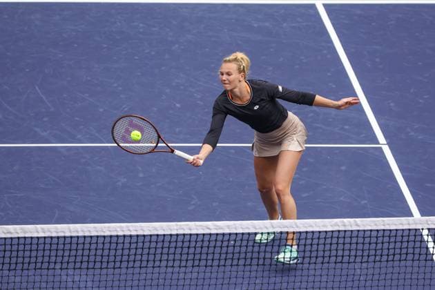 INDIAN WELLS, CA - MARCH 16: Katerina Siniakova (CZE) hits a volley during the WomenÕs Doubles Final at the BNP Paribas Open on March 16, 2024 at Indian Wells Tennis Garden in Indian Wells, CA. (Photo by George Walker Icon Sportswire) TENNIS: MAR 16 BNP Paribas Open EDITORIAL USE ONLY Icon240316007