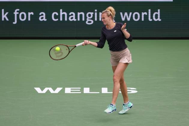 INDIAN WELLS, CA - MARCH 16: Katerina Siniakova (CZE) hits a forehand during the WomenÕs Doubles Final at the BNP Paribas Open on March 16, 2024 at Indian Wells Tennis Garden in Indian Wells, CA. (Photo by George Walker Icon Sportswire) TENNIS: MAR 16 BNP Paribas Open EDITORIAL USE ONLY Icon240316010