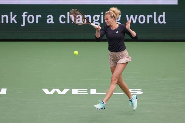 INDIAN WELLS, CA - MARCH 16: Katerina Siniakova (CZE) hits a forehand during the WomenÕs Doubles Final at the BNP Paribas Open on March 16, 2024 at Indian Wells Tennis Garden in Indian Wells, CA. (Photo by George Walker Icon Sportswire) TENNIS: MAR 16 BNP Paribas Open EDITORIAL USE ONLY Icon240316011