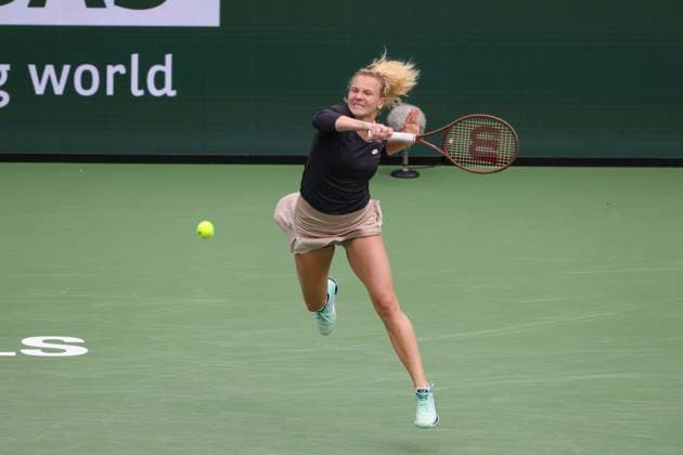 INDIAN WELLS, CA - MARCH 16: Katerina Siniakova (CZE) hits a forehand during the WomenÕs Doubles Final at the BNP Paribas Open on March 16, 2024 at Indian Wells Tennis Garden in Indian Wells, CA. (Photo by George Walker Icon Sportswire) TENNIS: MAR 16 BNP Paribas Open EDITORIAL USE ONLY Icon240316012