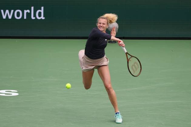 INDIAN WELLS, CA - MARCH 16: Katerina Siniakova (CZE) hits a forehand during the WomenÕs Doubles Final at the BNP Paribas Open on March 16, 2024 at Indian Wells Tennis Garden in Indian Wells, CA. (Photo by George Walker Icon Sportswire) TENNIS: MAR 16 BNP Paribas Open EDITORIAL USE ONLY Icon240316013
