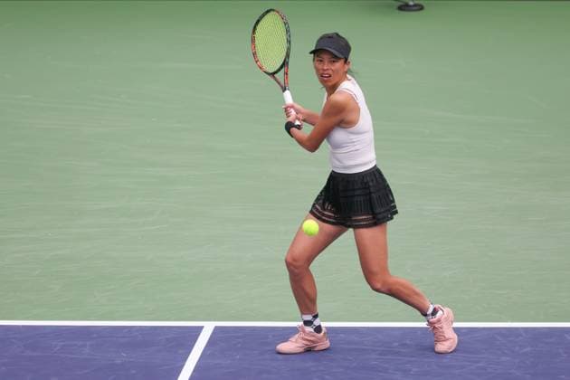 INDIAN WELLS, CA - MARCH 16: Su-Wei Hsieh (TPE) hits a backhand during the WomenÕs Doubles Final at the BNP Paribas Open on March 16, 2024 at Indian Wells Tennis Garden in Indian Wells, CA. (Photo by George Walker Icon Sportswire) TENNIS: MAR 16 BNP Paribas Open EDITORIAL USE ONLY Icon240316015