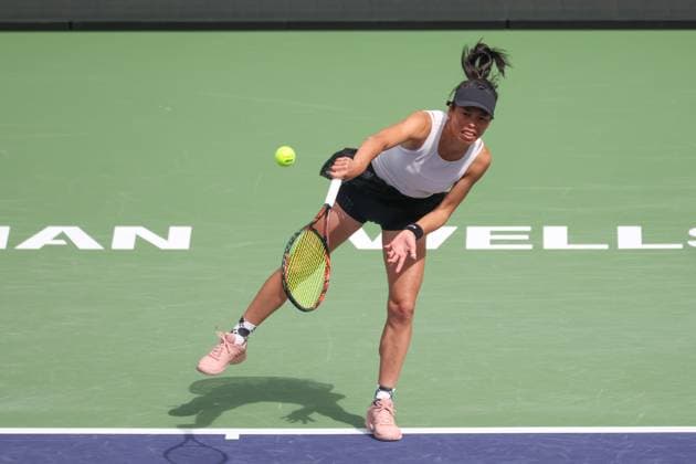 INDIAN WELLS, CA - MARCH 16: Su-Wei Hsieh (TPE) serves during the WomenÕs Doubles Final at the BNP Paribas Open on March 16, 2024 at Indian Wells Tennis Garden in Indian Wells, CA. (Photo by George Walker Icon Sportswire) TENNIS: MAR 16 BNP Paribas Open EDITORIAL USE ONLY Icon240316018