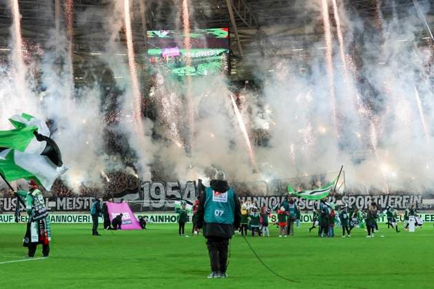 The fans of Hannover 96 send off pyrotechnics before the start of the match, 2 Bundesliga, Hannover 96 vs 1 FC Kaiserslautern, HDI Arena, 16 03 2024, Hannover, Germany