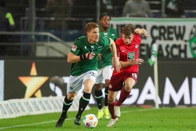 Marcel Halstenberg Hannover 96 and Daniel Hanslik 1 FC Kaiserslautern fight for the ball, 2 Bundesliga, Hannover 96 vs 1 FC Kaiserslautern, HDI Arena, 16 03 2024, Hannover, Germany
