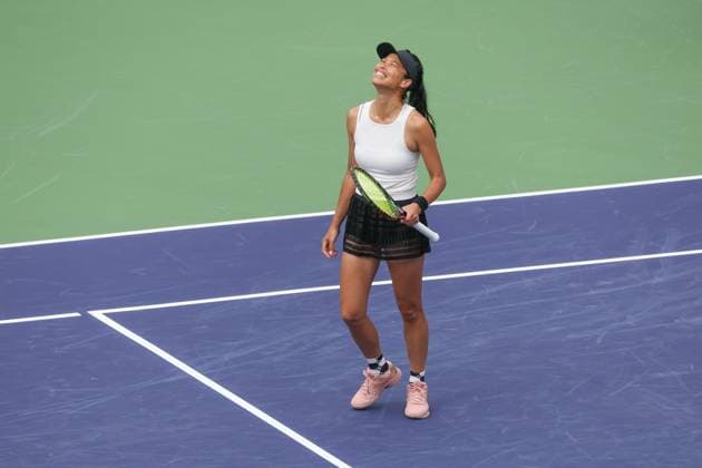 INDIAN WELLS, CA - MARCH 16: Su-Wei Hsieh (TPE) celebrates the winning point of the WomenÕs Doubles Final at the BNP Paribas Open on March 16, 2024 at Indian Wells Tennis Garden in Indian Wells, CA. (Photo by George Walker Icon Sportswire) TENNIS: MAR 16 BNP Paribas Open EDITORIAL USE ONLY Icon240316024