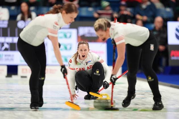 March 16, 2024, Sydney, Ns, Canada: Canada s skip Rachel Homan, centre, yells after delivering a rock against Sweden in the World WomenöÄÃ s Curling Championship in Sydney, N.S. on Saturday, March 16, 2024. Rachel Homan  - ZUMAc35_ 20240316_zaf_c35_037 Copyright: xDarrenxCalabresex