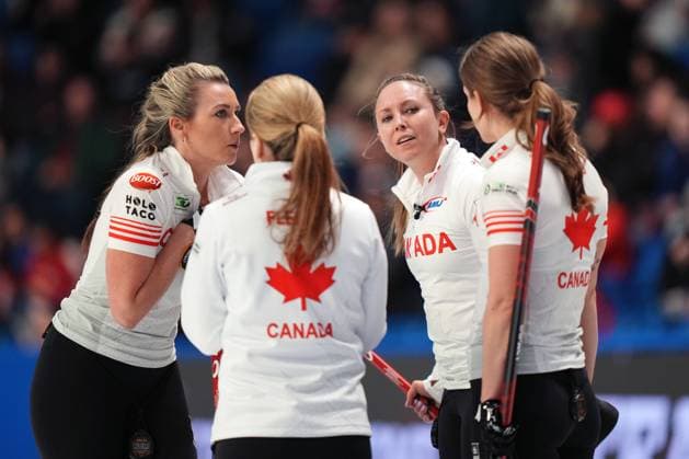 March 16, 2024, Sydney, Ns, Canada: Canada s skip Rachel Homan, second from right, speaks with teammates, from left to right, Emma Miskew, Tracy Fleury, and Sarah Wilkes during World WomenöÄÃ s Curling Championship action against Sweden in Sydney, N.S. on Saturday, March 16, 2024. Rachel Homan, Emma Miskew, Tracy Fleury, Sarah Wilkes - ZUMAc35_ 20240316_zaf_c35_038 Copyright: xDarrenxCalabresex