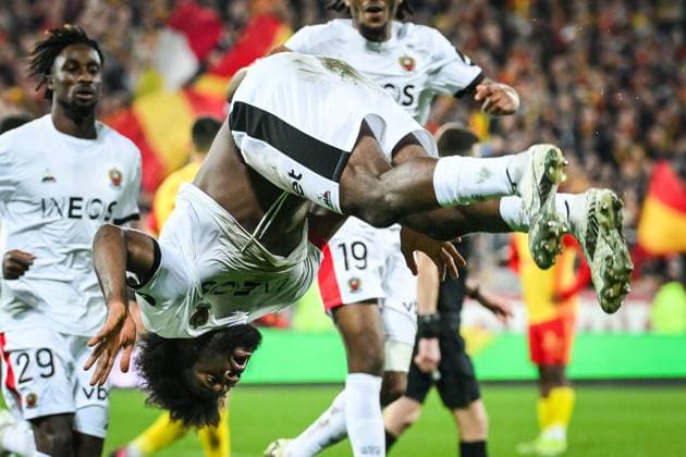 March 16, 2024, Lens, France, France: Terem MOFFI of Nice celebrates his goal during the Ligue 1 match between RC Lens and OGC Nice at Bollaert-Delelis Stadium on March 16, 2024 in Lens, France. Lens France - ZUMAm308 20240316_zsp_m308_009 Copyright: xMatthieuxMirvillex