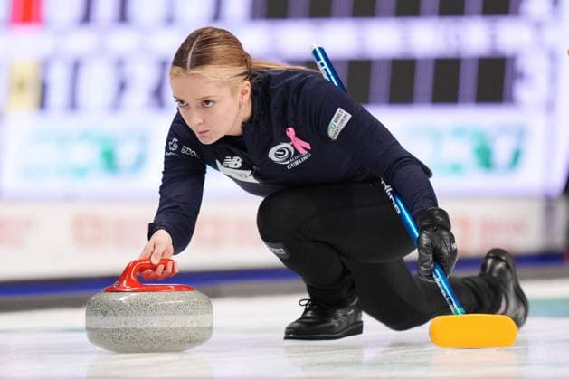 March 16, 2024, Sydney, Ns, Canada: Scotland s skip Rebecca Morrison delivers a stone during World WomenöÄÃ s Curling Championship action against Norway in Sydney, N.S., Saturday, March 16, 2024. Rebecca Morrison  - ZUMAc35_ 20240316_zaf_c35_092 Copyright: xDarrenxCalabresex