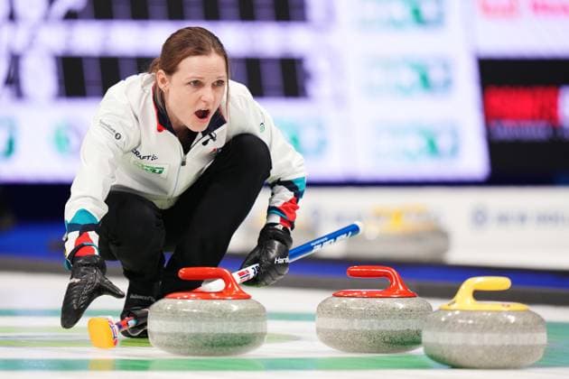 March 16, 2024, Sydney, Ns, Canada: Norway s skip Marianne Roervik yells during World WomenöÄÃ s Curling Championship action against Scotland in Sydney, N.S., Saturday, March 16, 2024. Marianne Roervik  - ZUMAc35_ 20240316_zaf_c35_094 Copyright: xDarrenxCalabresex