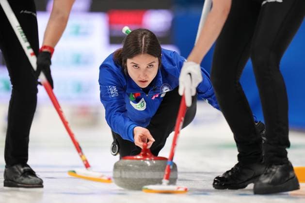 March 16, 2024, Sydney, Ns, Canada: Italy s skip Stefania Constantini delivers a stone during World WomenöÄÃ s Curling Championship action against Estonia in Sydney, N.S., Saturday, March 16, 2024. Stefania Constantini  - ZUMAc35_ 20240316_zaf_c35_095 Copyright: xDarrenxCalabresex