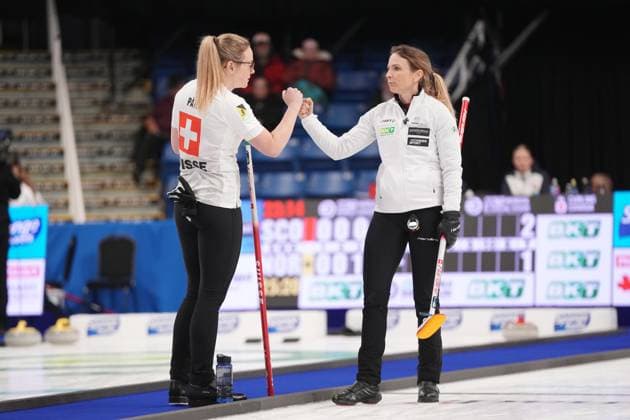 March 16, 2024, Sydney, Ns, Canada: Switzerland s Silvana Tirinzoni, right, and Alina Paetz celebrate a scoring three points during World WomenöÄÃ s Curling Championship action against the United States in Sydney, N.S., Saturday, March 16, 2024. Silvana Tirinzoni, Alina Paetz - ZUMAc35_ 20240316_zaf_c35_108 Copyright: xDarrenxCalabresex