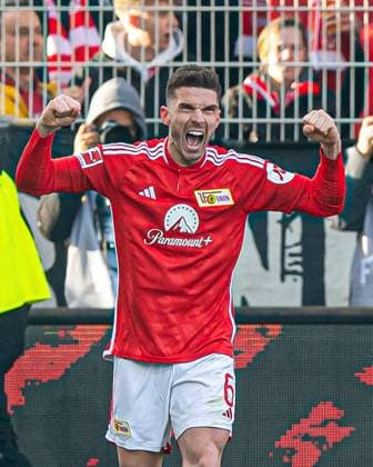 Soccer, Men, Season 2023 2024, 1 Bundesliga 26 Matchday , 1 FC Union Berlin SV Werder Bremen, Robin Gosens 1 FC Union Berlin , Cheering after goal to 2 0, 16 03 2024, Copyright: xSebastianxRäppold MatthiasxKochx