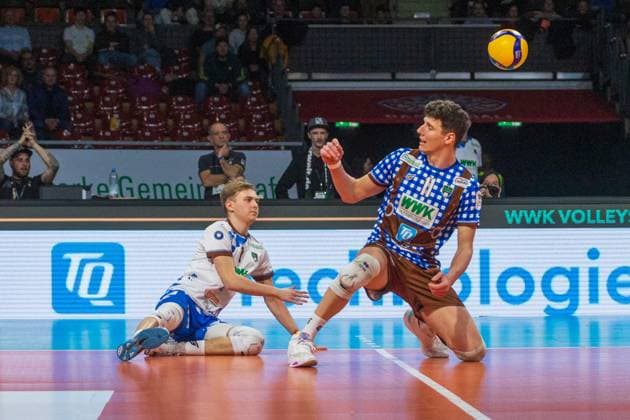Herrschings 17 Leonard GRAVEN and 11 Theo TIMMERMANN Volleyball Bundesliga, WWK Volleys Herrsching SVG Lüneburg 1 3, Playoff Quarterfinals, Season 2023 2024 , 16 03 2024, in Munich, Germany Source Copyright Credit Oryk HAIST xVB_HER-LUEx