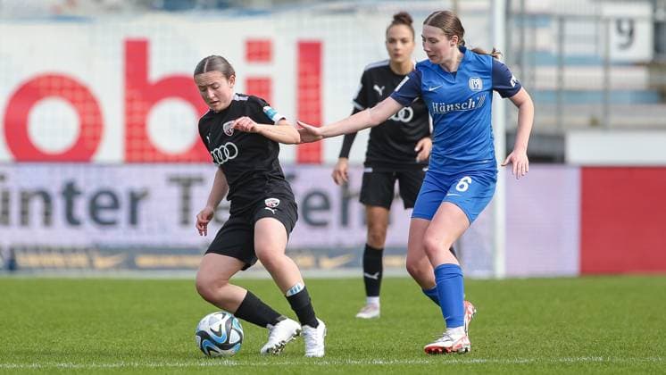 from left Katharina Reikersdorfer FC Ingolstadt 04, 20 and Laura Bröring SV Meppen, 6 in a duel, dynamic, action, action, game scene, THE DFB REGULATIONS PROHIBIT ANY USE OF PHOTOGRAPHS AS IMAGE SEQUENCES AND OR QUASI VIDEO , 17 03 2024, Meppen Germany , Football, 2 Womens Bundesliga, SV Meppen FC Ingolstadt 04 xobx