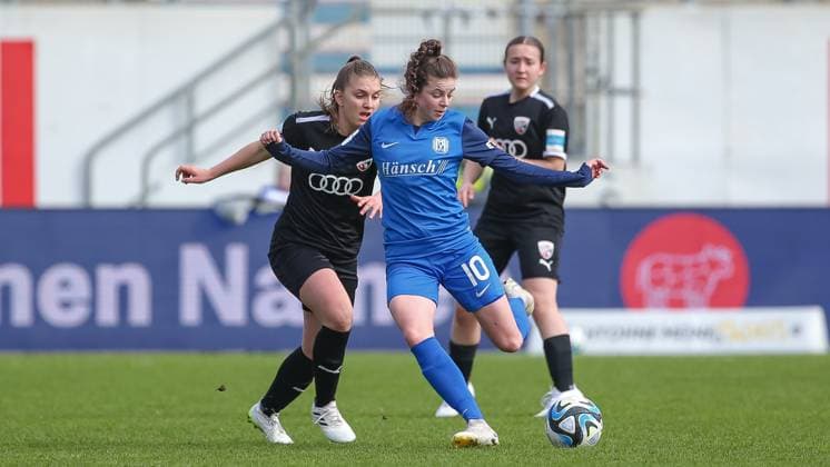 from left Anja Suttner FC Ingolstadt 04, 3 and Nina Kossen SV Meppen, 10 in a duel, dynamic, action, action, game scene, THE DFB REGULATIONS PROHIBIT ANY USE OF PHOTOGRAPHS AS IMAGE SEQUENCES AND OR QUASI VIDEO , 17 03 2024, Meppen Germany , Football, 2 Womens Bundesliga, SV Meppen FC Ingolstadt 04 xobx