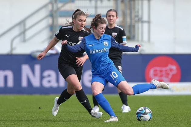 from left Anja Suttner FC Ingolstadt 04, 3 and Nina Kossen SV Meppen, 10 in a duel, dynamic, action, action, game scene, THE DFB REGULATIONS PROHIBIT ANY USE OF PHOTOGRAPHS AS IMAGE SEQUENCES AND OR QUASI VIDEO , 17 03 2024, Meppen Germany , Football, 2 Womens Bundesliga, SV Meppen FC Ingolstadt 04 xobx
