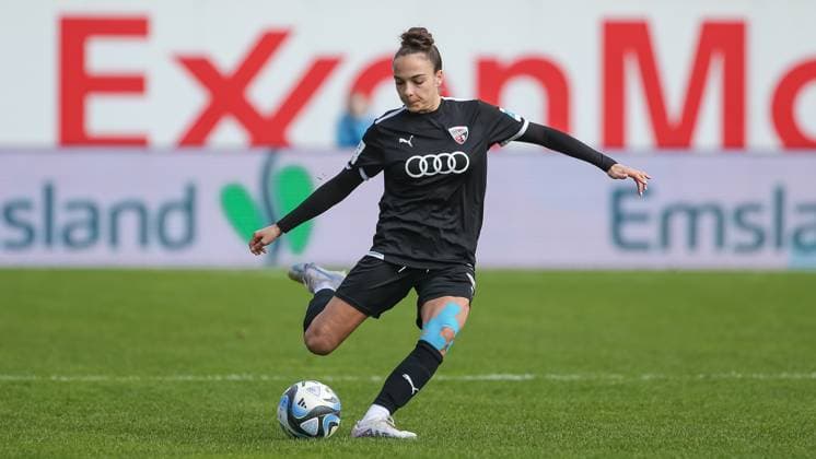 from left Katharina Krist FC Ingolstadt 04, 14 on the ball, cropped, single image, full body, action, action, game scene, THE DFB GUIDELINES PROHIBIT ANY USE OF PHOTOGRAPHS AS IMAGE SEQUENCES AND OR QUASI VIDEO DFB REGULATIONS PROHIBIT ANY USE OF PHOTOGRAPHS AS IMAGE SEQUENCES AND OR QUASI VIDEO , 17 03 2024, Meppen Germany , Football, 2 Women Bundesliga, SV Meppen FC Ingolstadt 04 xobx