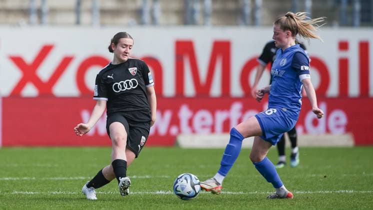from left Katharina Reikersdorfer FC Ingolstadt 04, 20 and Sarah Schulte SV Meppen, 16 in a duel, dynamic, action, action, game scene, THE DFB REGULATIONS PROHIBIT ANY USE OF PHOTOGRAPHS AS IMAGE SEQUENCES AND OR QUASI VIDEO , 17 03 2024, Meppen Germany , Football, 2 Womens Bundesliga, SV Meppen FC Ingolstadt 04 xobx